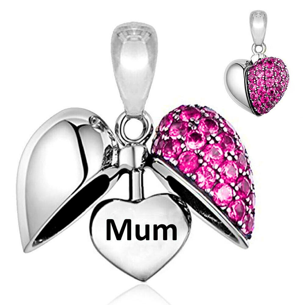 Pink Fuchsia Crystal Heart Mum Dangle S925 Charm Sterling Silver