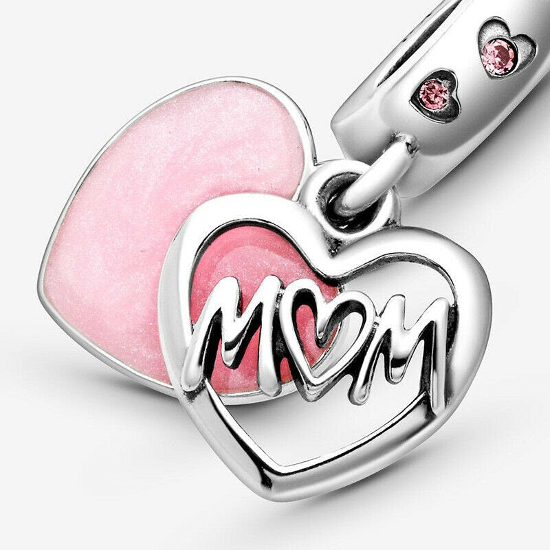 Mom Script Heart Dangle Charm S925 Sterling Silver