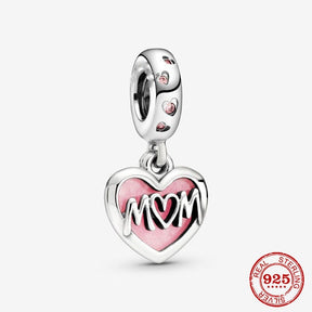 Mom Script Heart Dangle Charm S925 Sterling Silver